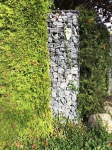 Ein Gartenzaun als Sichtschutz mittels Gabione und Hecke (Copyright: ratgeber-gartenpflege.de)